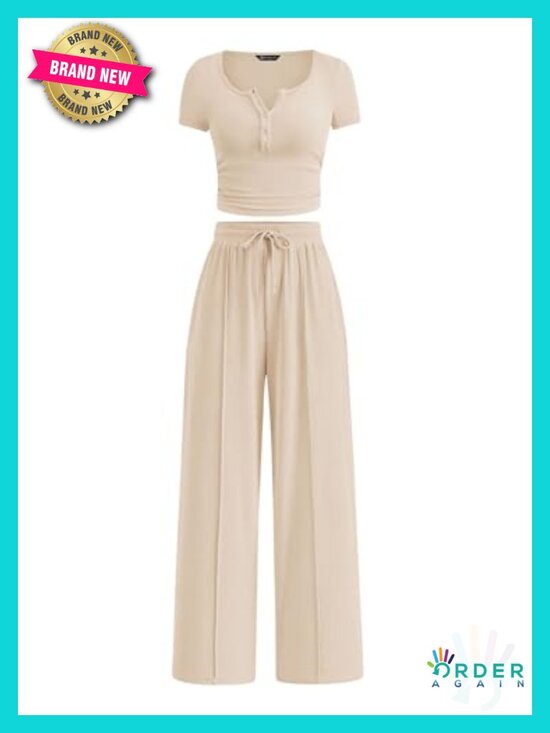 Pants - PRETTYGARDEN Women's 2 Piece Lounge Set Ribbed Knit Crop Top Wide Leg Pants